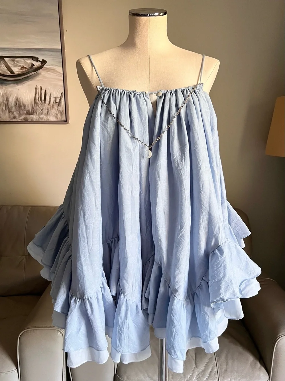 Babydoll Mini Dress Sz M Linen Blend Light Blue Ruffle Spaghetti Strap Angelic